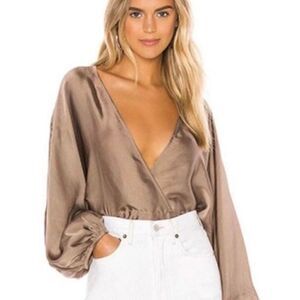 Free People midnight vibes balloon sleeve blouse mushroom nude beige tan size XS